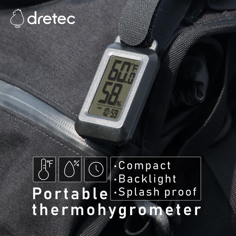 dretec Portable Digital Thermometer Hygrometer Splash Proof IPX4 Clock Function Backlight for Backpacking, Skiing, Outdoor Thermometer Activity Black - Image 2